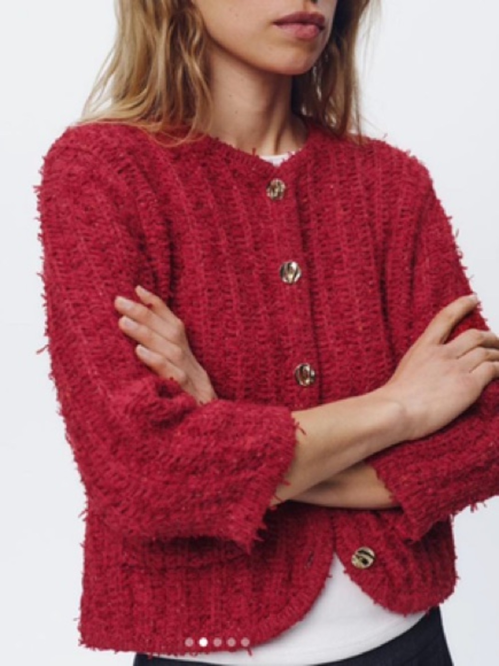 NWT Zara Textured Red Button-Up Bouclé Jacket
